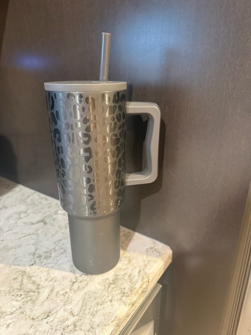 Gray Leopard-Pattern Insulated Travel Mug with Handle and Straw